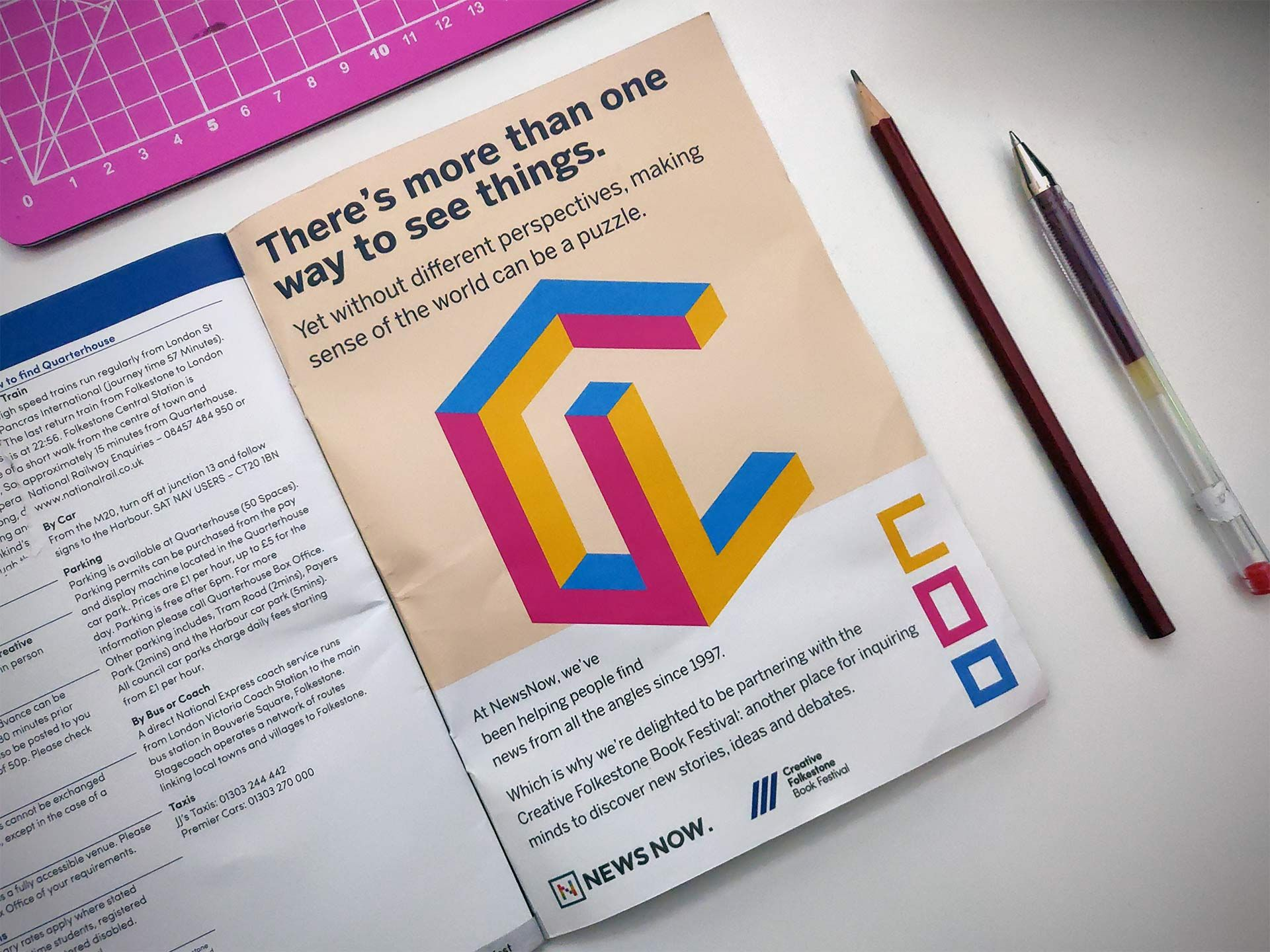 The printed festival programme: an isometric shape that reads differently from each axis