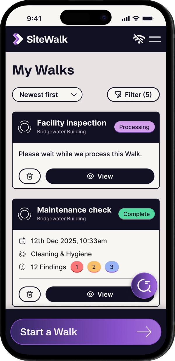SiteWalk's inspection app on a phone: the My Walks screen