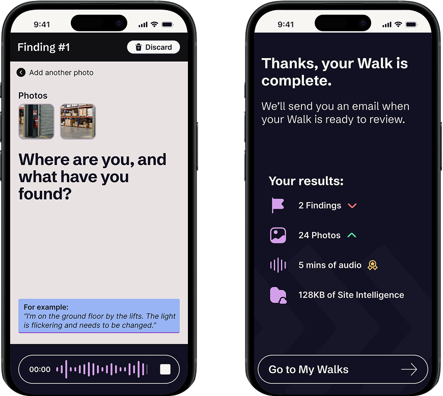 SiteWalk's mobile inspection app: capturing a finding, and a completed walk's results